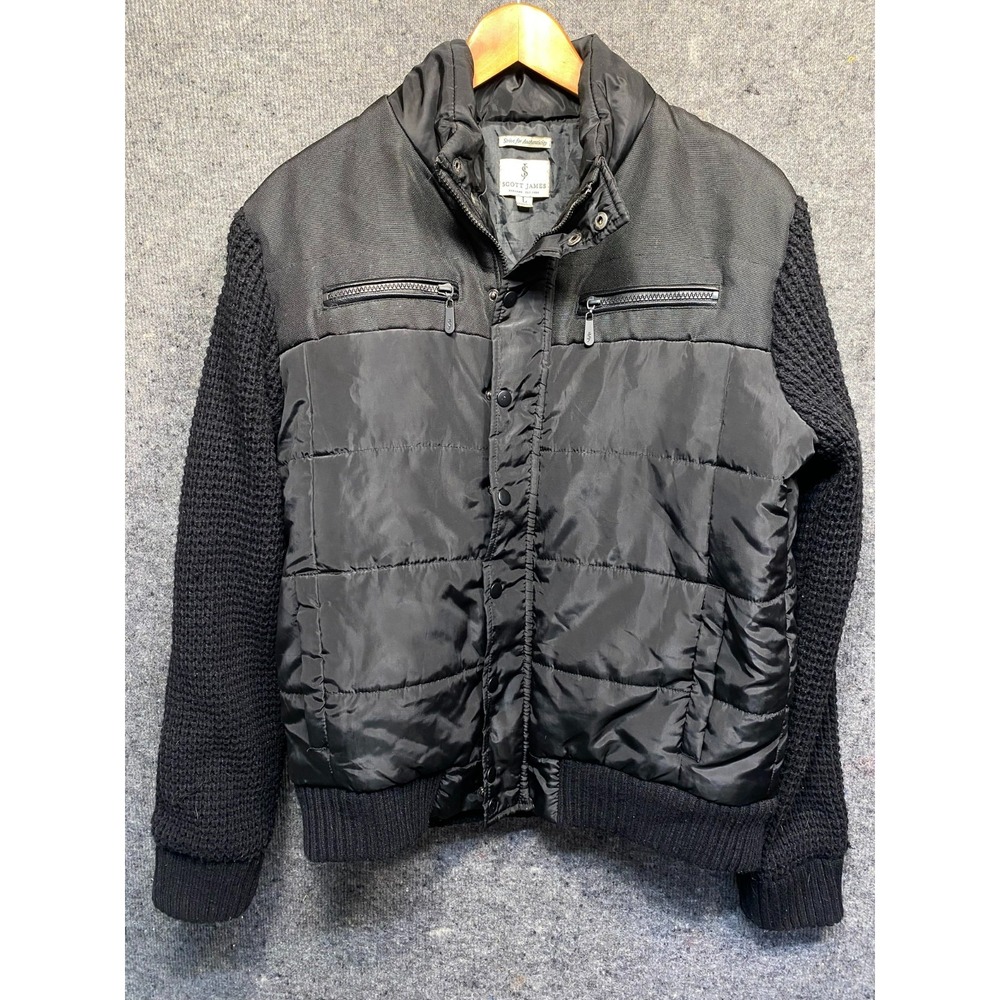 Scott James Mens Black Quilted Knit Sleeve Zip Front Bomber Jacket Large